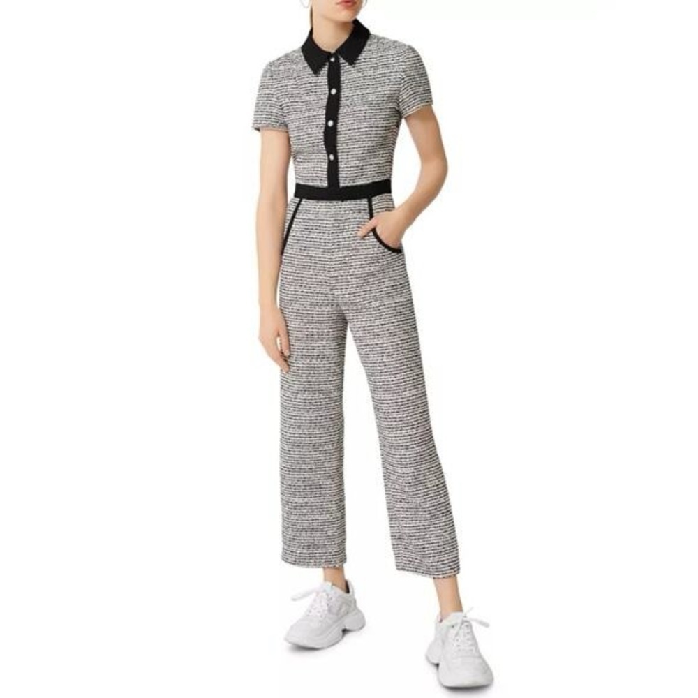 Maje Penala Tweed Pant Jumpsuit Metallic Short Sleeve Cropped Collared Size 36